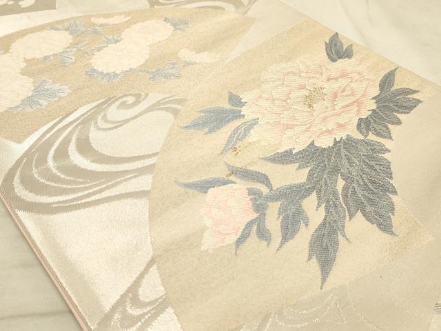 平和屋着物◎六通柄袋帯 流水扇面花文 銀糸 正絹 逸品 AAAM3753sx