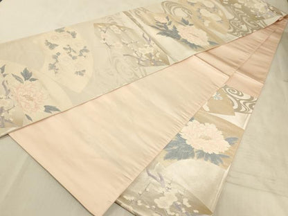 平和屋着物◎六通柄袋帯 流水扇面花文 銀糸 正絹 逸品 AAAM3753sx