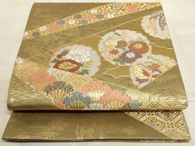 平和屋着物◎六通柄袋帯 唐織織成 雪輪花蝶文 金糸 正絹 逸品 AAAM3850sx