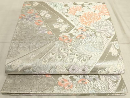 平和屋着物◎六通柄袋帯 唐織 孔雀花文 銀糸 正絹 逸品 AAAM3940sx