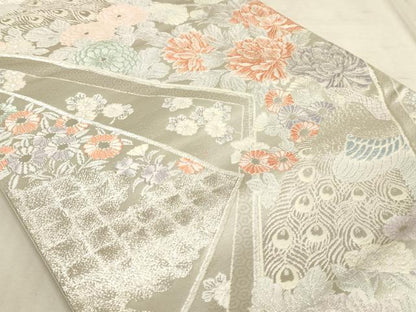 平和屋着物◎六通柄袋帯 唐織 孔雀花文 銀糸 正絹 逸品 AAAM3940sx