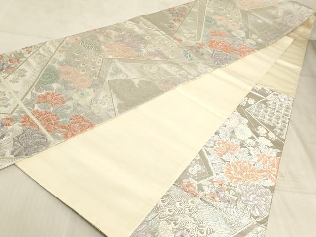 平和屋着物◎六通柄袋帯 唐織 孔雀花文 銀糸 正絹 逸品 AAAM3940sx