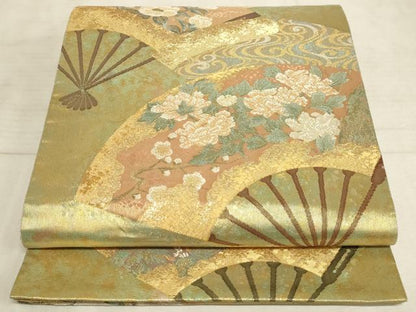平和屋着物◎六通柄袋帯 扇面に花草図 金糸 引箔 正絹 逸品 AAAM3974sx