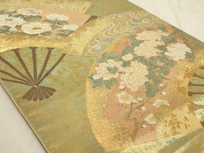 平和屋着物◎六通柄袋帯 扇面に花草図 金糸 引箔 正絹 逸品 AAAM3974sx