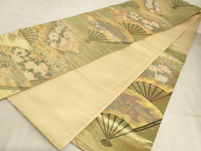 平和屋着物◎六通柄袋帯 扇面に花草図 金糸 引箔 正絹 逸品 AAAM3974sx