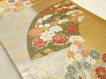 平和屋着物◎六通柄袋帯 唐織 扇面花文 金糸 正絹 逸品 AAAM3976sx