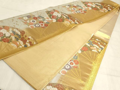 平和屋着物◎六通柄袋帯 唐織 扇面花文 金糸 正絹 逸品 AAAM3976sx
