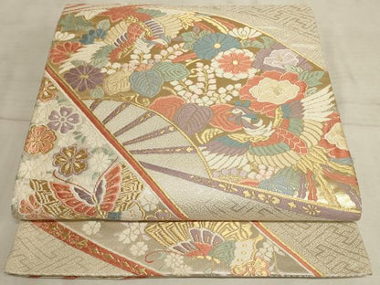 平和屋着物◎六通柄袋帯 唐織 扇面花鳥舞蝶文 金糸 正絹 逸品 AAAM3978sx