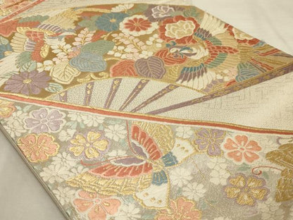平和屋着物◎六通柄袋帯 唐織 扇面花鳥舞蝶文 金糸 正絹 逸品 AAAM3978sx