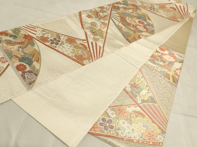 平和屋着物◎六通柄袋帯 唐織 扇面花鳥舞蝶文 金糸 正絹 逸品 AAAM3978sx