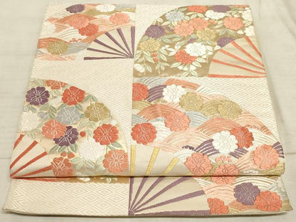 平和屋着物◎六通柄袋帯 唐織 扇面花文 金糸 正絹 逸品 AAAM3996sx