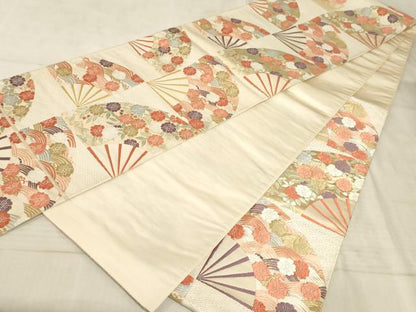 平和屋着物◎六通柄袋帯 唐織 扇面花文 金糸 正絹 逸品 AAAM3996sx