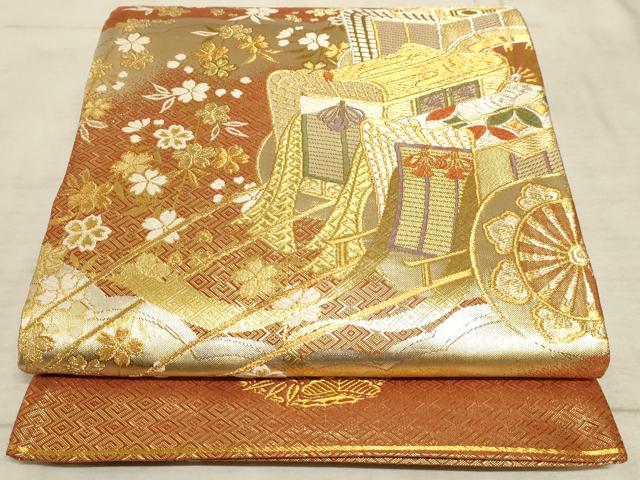 平和屋着物◎全通柄袋帯 唐織 御所車 金銀糸 正絹 逸品 AAAM3998sx