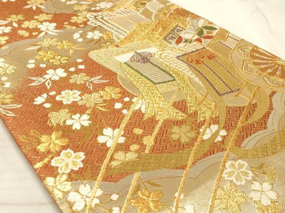 平和屋着物◎全通柄袋帯 唐織 御所車 金銀糸 正絹 逸品 AAAM3998sx