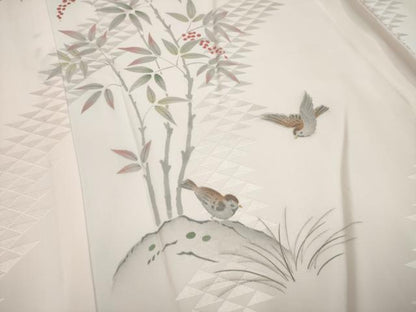平和屋着物●長襦袢 袷 手描き 枝花文 雀 正絹 逸品 AAAM4348ck