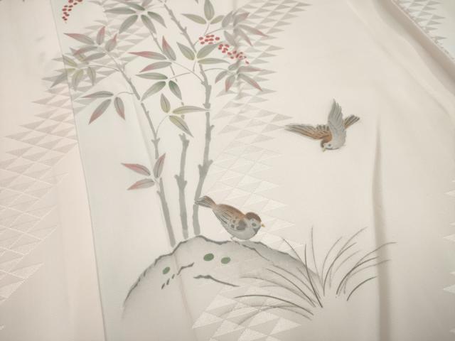 平和屋着物●長襦袢 袷 手描き 枝花文 雀 正絹 逸品 AAAM4348ck