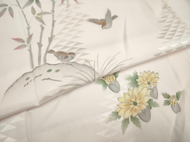 平和屋着物●長襦袢 袷 手描き 枝花文 雀 正絹 逸品 AAAM4348ck