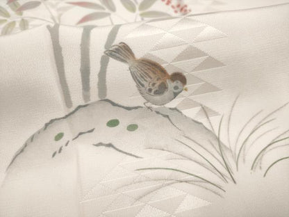 平和屋着物●長襦袢 袷 手描き 枝花文 雀 正絹 逸品 AAAM4348ck
