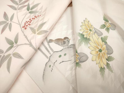 平和屋着物●長襦袢 袷 手描き 枝花文 雀 正絹 逸品 AAAM4348ck