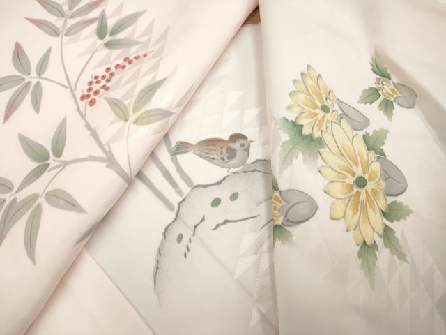 平和屋着物●長襦袢 袷 手描き 枝花文 雀 正絹 逸品 AAAM4348ck