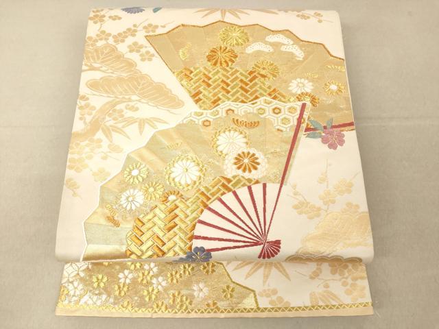 平和屋着物◎六通柄袋帯 唐織 扇子吉祥花文 金糸 正絹 逸品 AAAM5084fw