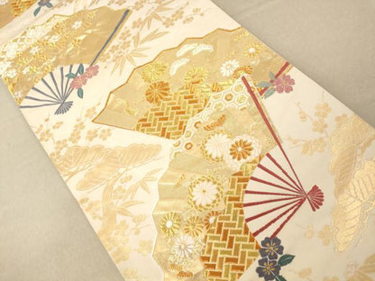 平和屋着物◎六通柄袋帯 唐織 扇子吉祥花文 金糸 正絹 逸品 AAAM5084fw