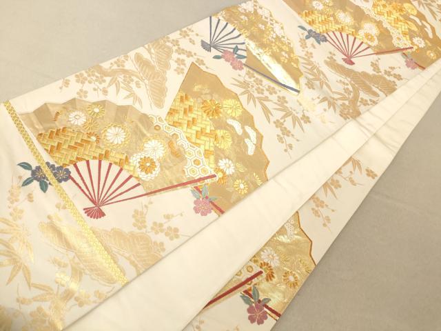 平和屋着物◎六通柄袋帯 唐織 扇子吉祥花文 金糸 正絹 逸品 AAAM5084fw