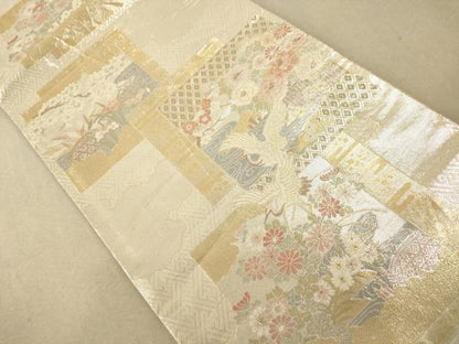 平和屋着物◎本佐賀錦 六通柄袋帯 色紙重ね双鶴枝花文 金銀糸 正絹 逸品 AAAM5156fw