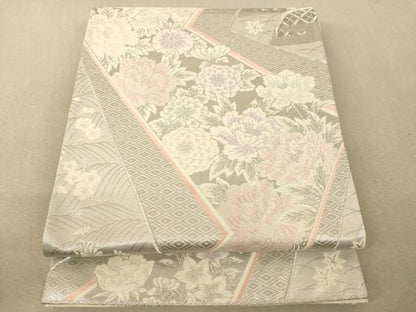 平和屋着物◎六通柄袋帯 唐織 色紙重ね牡丹文 銀糸 正絹 逸品 AAAM5159fw