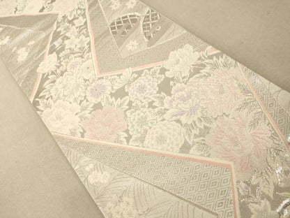 平和屋着物◎六通柄袋帯 唐織 色紙重ね牡丹文 銀糸 正絹 逸品 AAAM5159fw