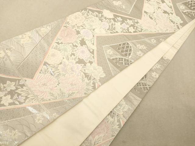 平和屋着物◎六通柄袋帯 唐織 色紙重ね牡丹文 銀糸 正絹 逸品 AAAM5159fw