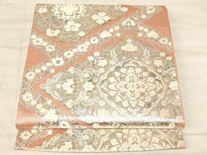 平和屋着物◎六通柄袋帯 唐織 枝花菱文 銀糸 正絹 逸品 AAAM5168fw