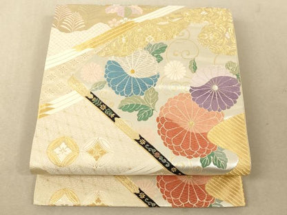 平和屋着物◎六通柄袋帯 唐織 扇吉祥枝花文 菊 金銀糸 正絹 逸品 AAAM5196fw