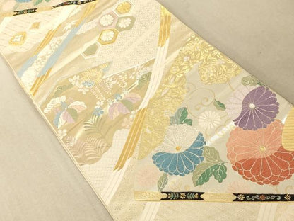 平和屋着物◎六通柄袋帯 唐織 扇吉祥枝花文 菊 金銀糸 正絹 逸品 AAAM5196fw