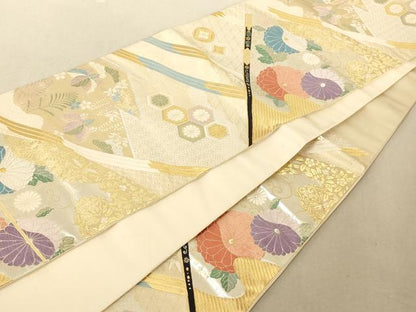 平和屋着物◎六通柄袋帯 唐織 扇吉祥枝花文 菊 金銀糸 正絹 逸品 AAAM5196fw