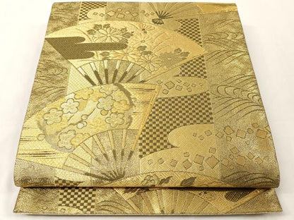 平和屋着物◎佐賀錦 六通柄袋帯 扇面吉祥花文 金糸 正絹 逸品 AAAM5259ey