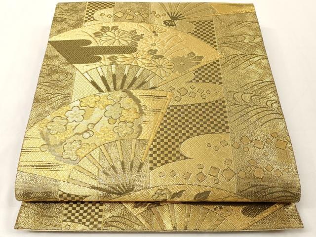 平和屋着物◎佐賀錦 六通柄袋帯 扇面吉祥花文 金糸 正絹 逸品 AAAM5259ey