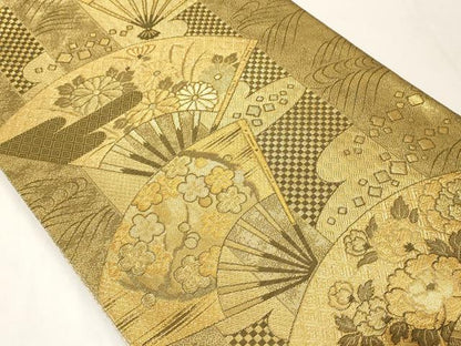 平和屋着物◎佐賀錦 六通柄袋帯 扇面吉祥花文 金糸 正絹 逸品 AAAM5259ey