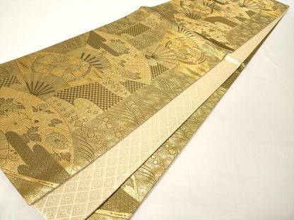 平和屋着物◎佐賀錦 六通柄袋帯 扇面吉祥花文 金糸 正絹 逸品 AAAM5259ey