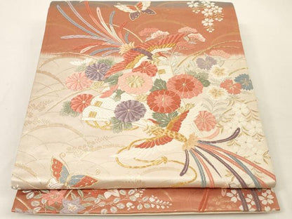 平和屋着物◎六通柄袋帯 唐織 雪芝花鳥文 金銀糸 正絹 逸品 AAAM5357ey