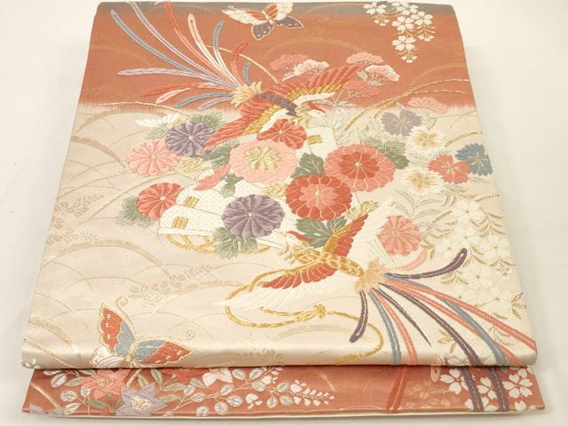 平和屋着物◎六通柄袋帯 唐織 雪芝花鳥文 金銀糸 正絹 逸品 AAAM5357ey