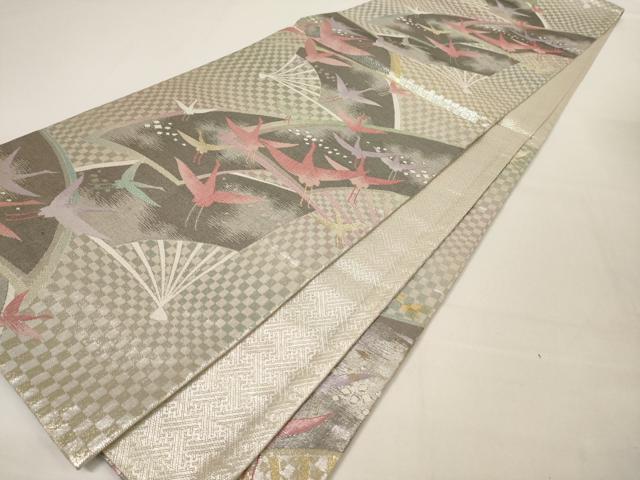 平和屋着物◎佐賀錦 六通柄袋帯 扇面群鶴文 金銀糸 正絹 逸品 AAAM5361ey