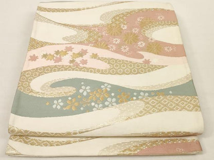 平和屋着物◎六通柄袋帯 流水花文 金糸 正絹 逸品 AAAM5367ey