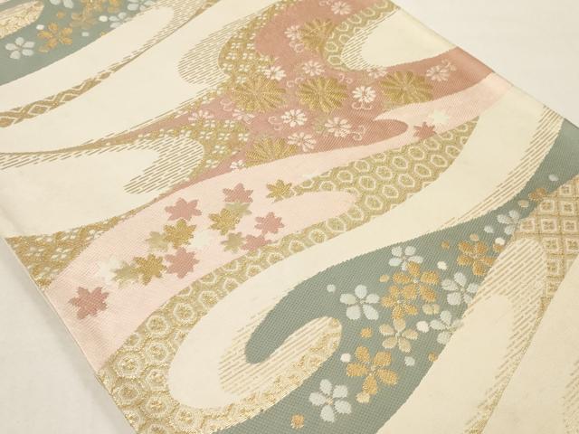平和屋着物◎六通柄袋帯 流水花文 金糸 正絹 逸品 AAAM5367ey