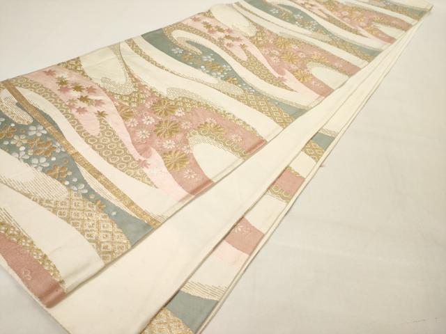 平和屋着物◎六通柄袋帯 流水花文 金糸 正絹 逸品 AAAM5367ey