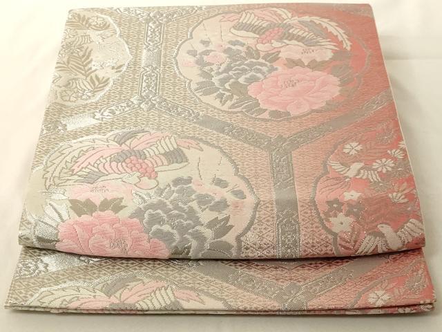 平和屋着物◎六通柄袋帯 唐織 天井花鳥文 銀糸 三越扱い 正絹 逸品 AAAM5686cx