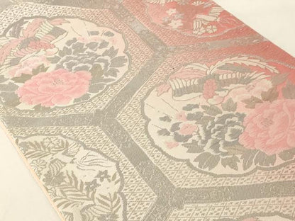 平和屋着物◎六通柄袋帯 唐織 天井花鳥文 銀糸 三越扱い 正絹 逸品 AAAM5686cx