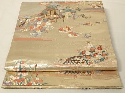 平和屋着物◎六通太鼓柄袋帯 唐織 清閑離宮春秋文 金糸 正絹 逸品 AAAM5699cx