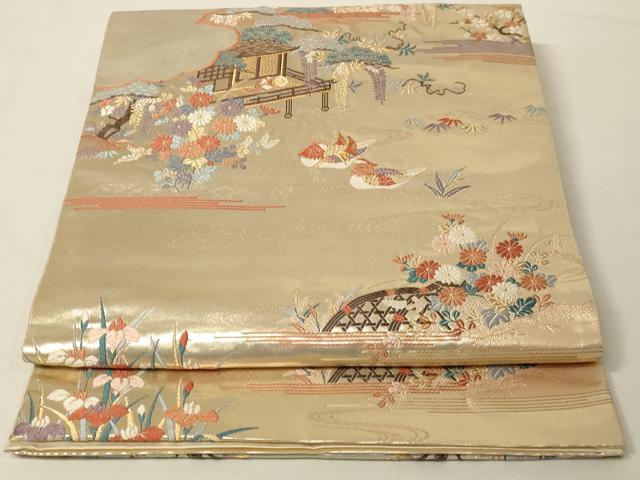 平和屋着物◎六通太鼓柄袋帯 唐織 清閑離宮春秋文 金糸 正絹 逸品 AAAM5699cx