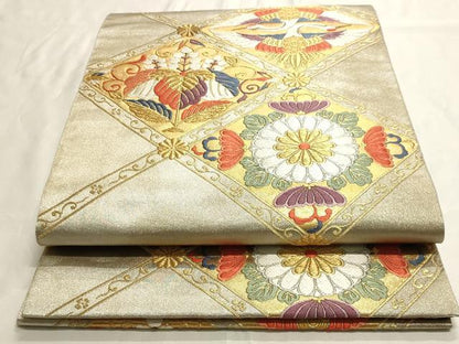 平和屋着物◎六通柄袋帯 唐織 天上向い鶴菱花文 金銀糸 正絹 逸品 AAAM5735cx
